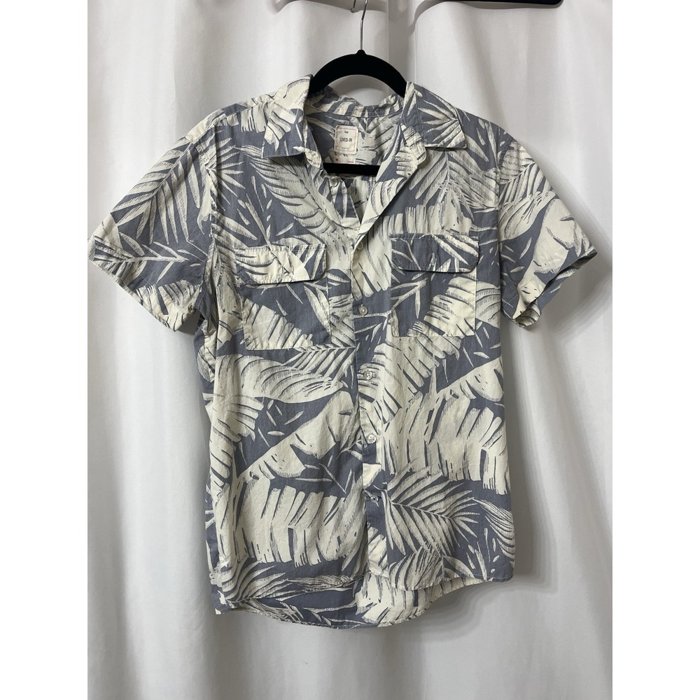 Men's Gap‎ Lived In Medium Grey and Ivory Hawaiian Shirt Palm Beach Travel (D21)